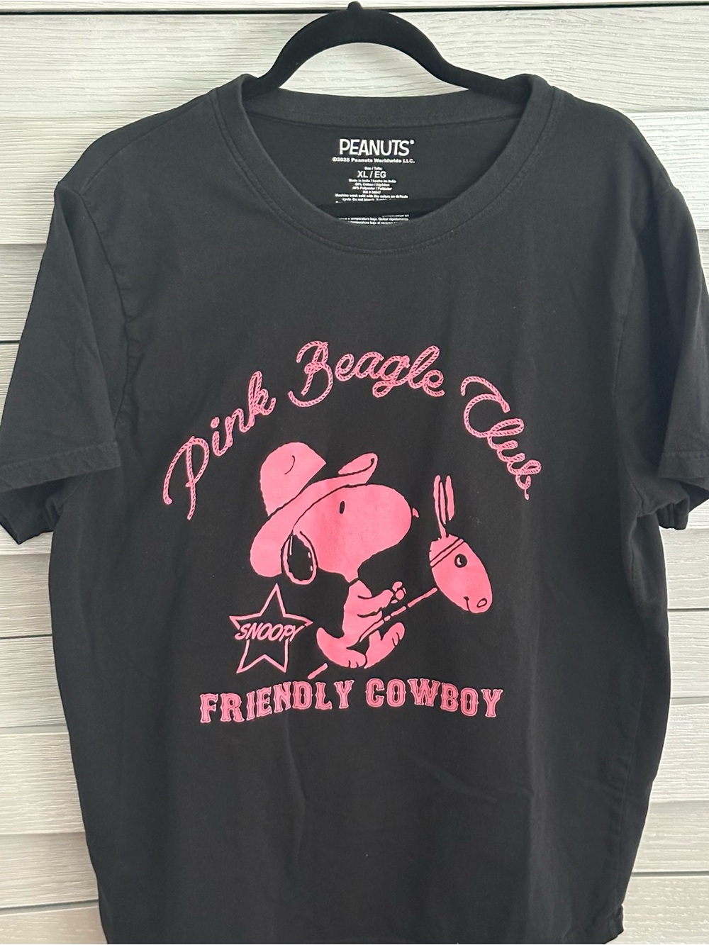Peanuts Black Tee with Pink Snoopy 'Pink Beagle Club' Graphic